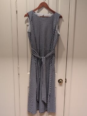 Anne Klein Navy & White Gingham Tie-Waist Midi Dress Size 12